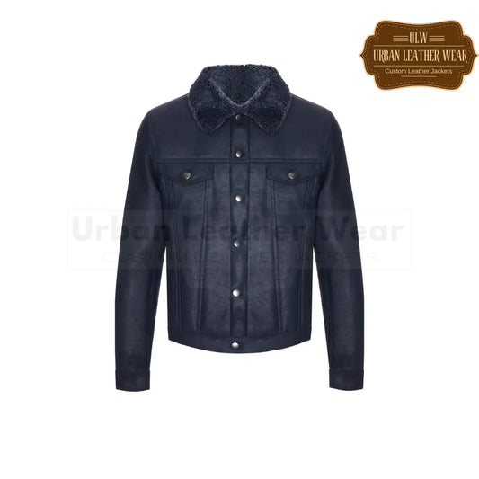 Shop our Men's Western Denim Style Shearling Trucker Jacket in Navy Blue.