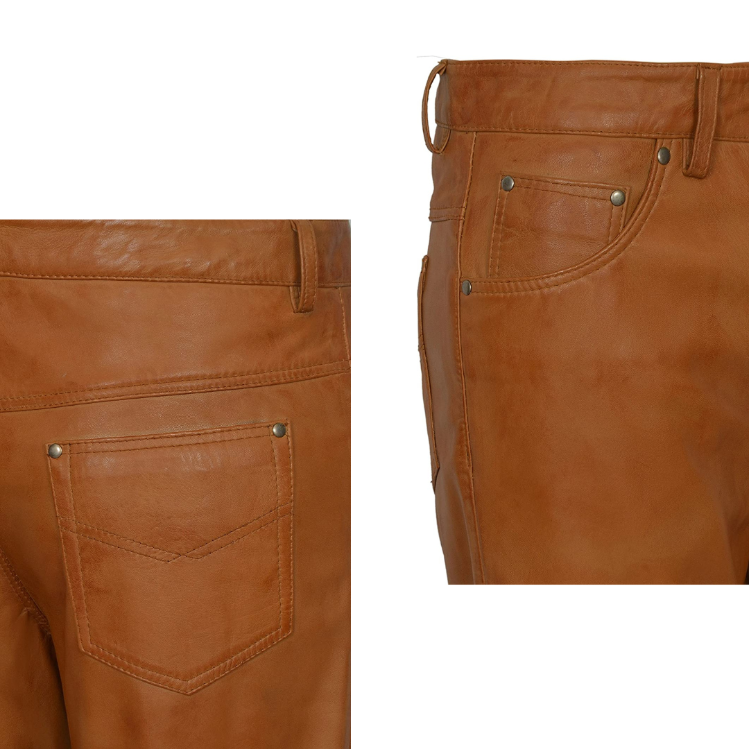 Real Leather Trouser - Tan Napa Biker Jeans Style URBAN LEATHER WEAR LTD