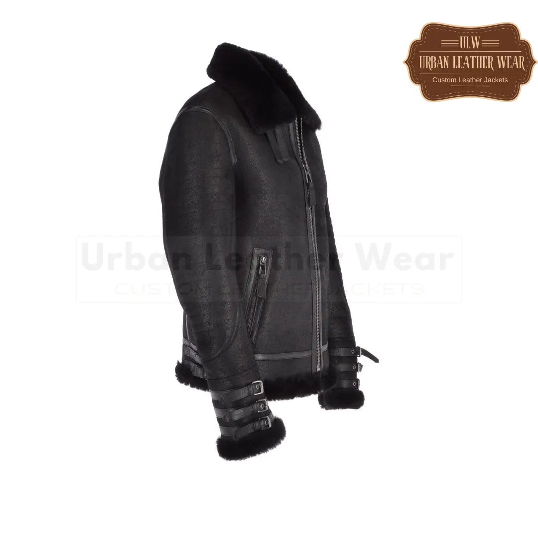 Mens Luxury Shearling Biker Flying Jacket Black
