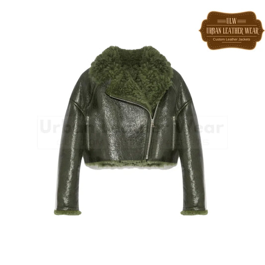 Buy our Olive Green Shearling Cropped Bomber Jacket for women!