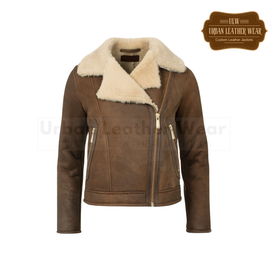 Women Shearling Biker Jacket brown URBAN LEATHER WEAR LTD
