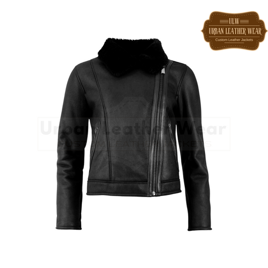 Women Shearling Biker Jacket black URBAN LEATHER WEAR LTD