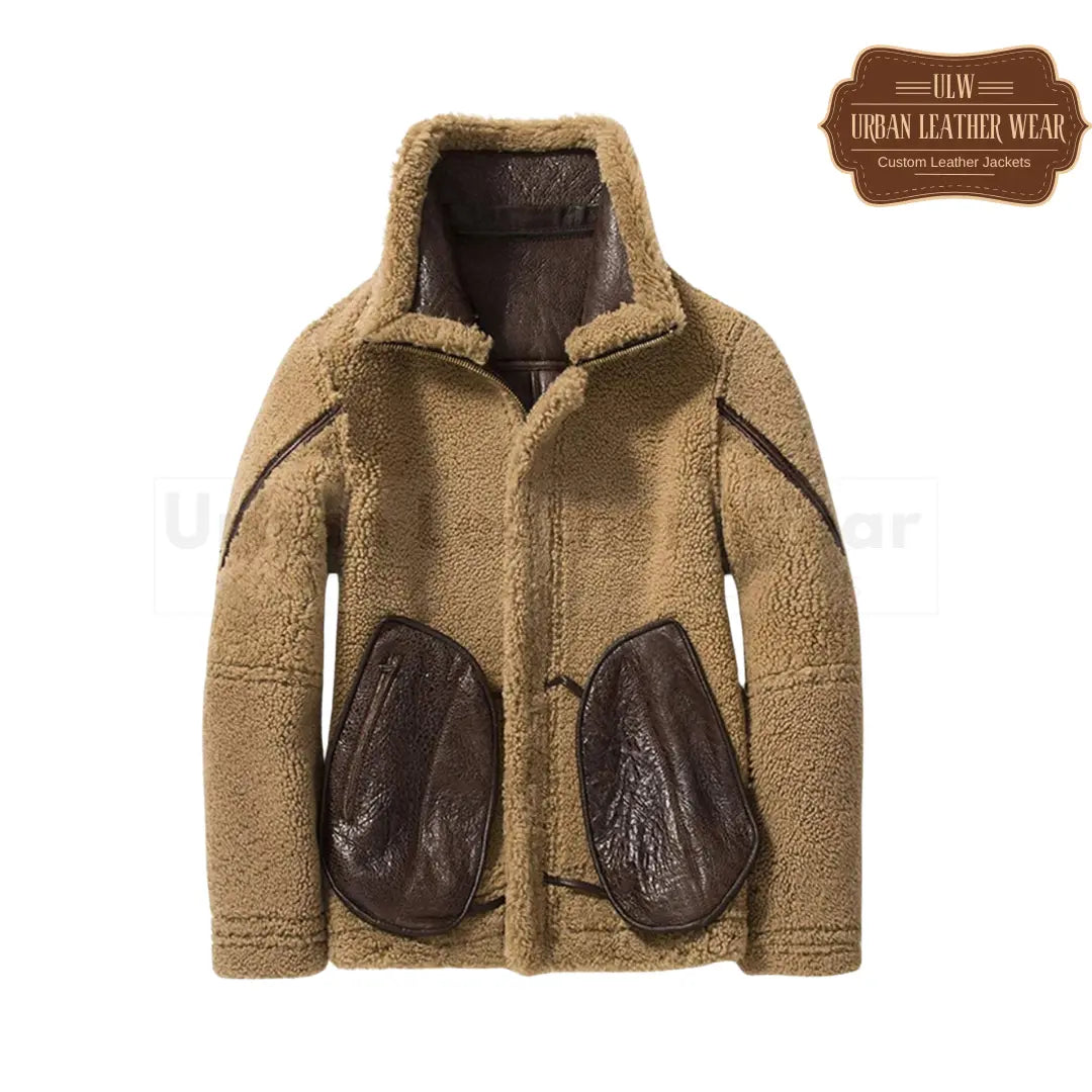Short Double Collar Shearling Fur Men Leather Jacket