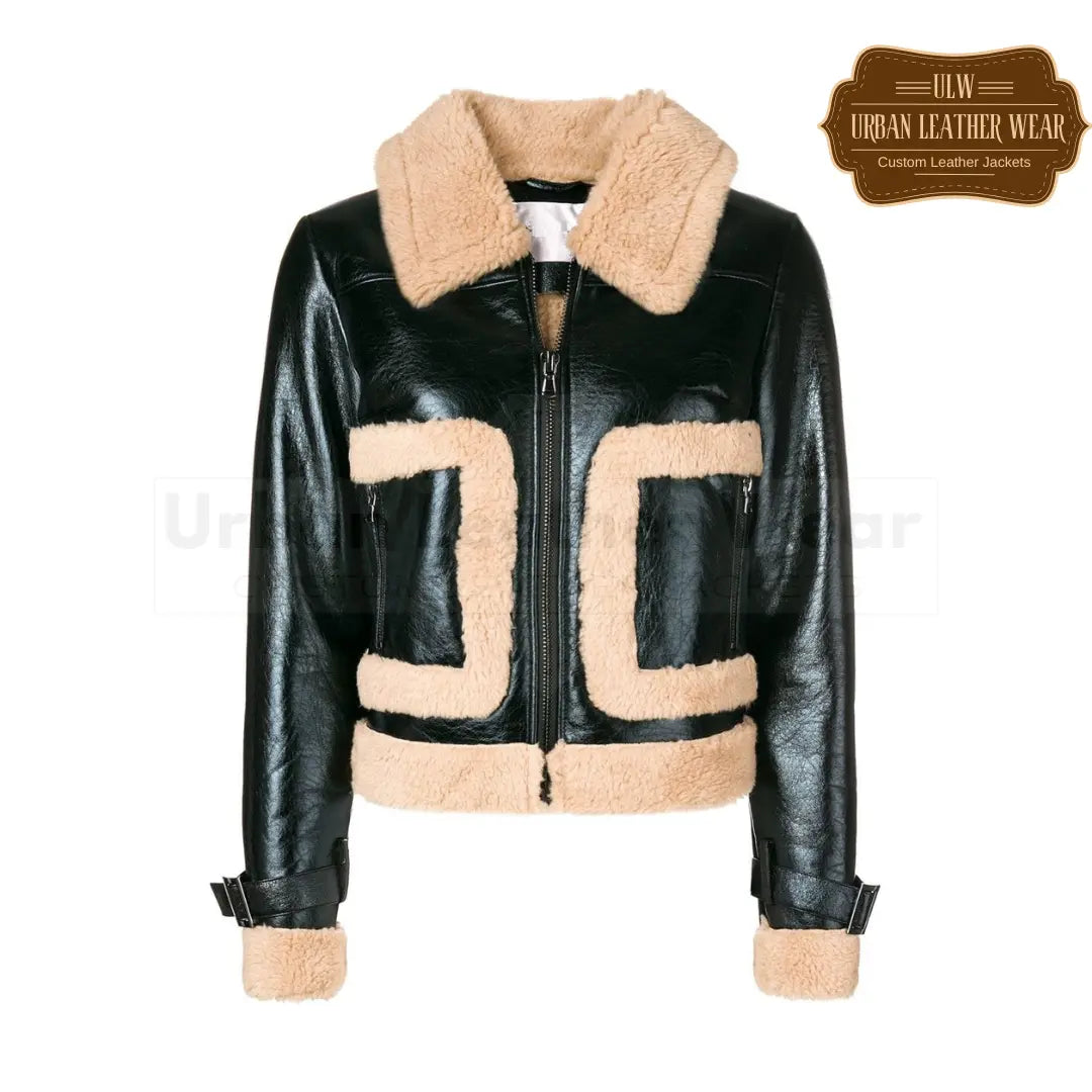 Buy our Women Black Bomber Shearling Leather Jacket.
