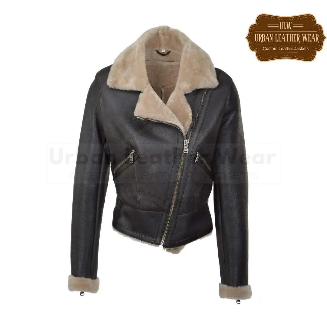 Shop our Women Black Shearling Leather Fur Moto Biker Jacket.