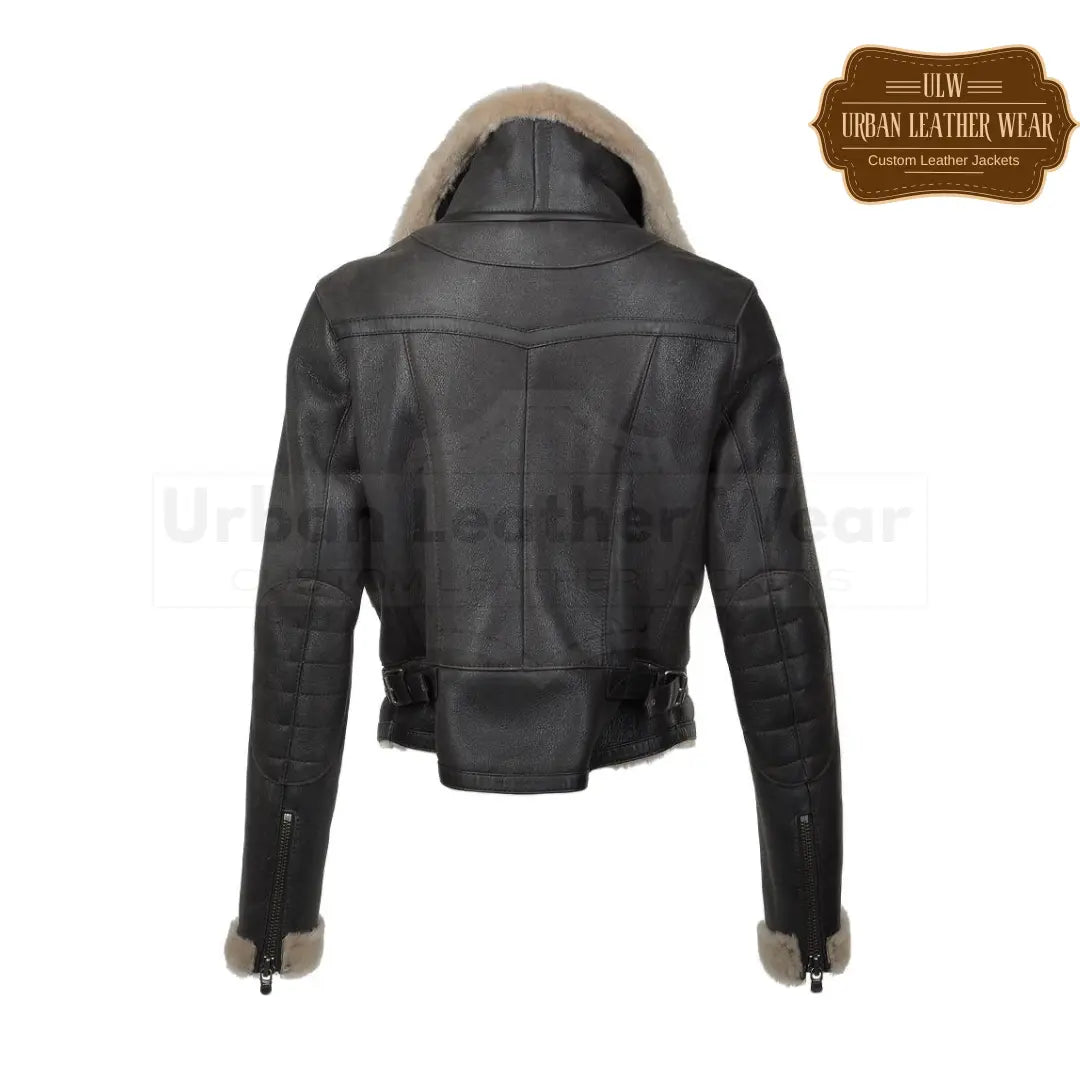 Shop our Women Black Shearling Leather Fur Moto Biker Jacket.