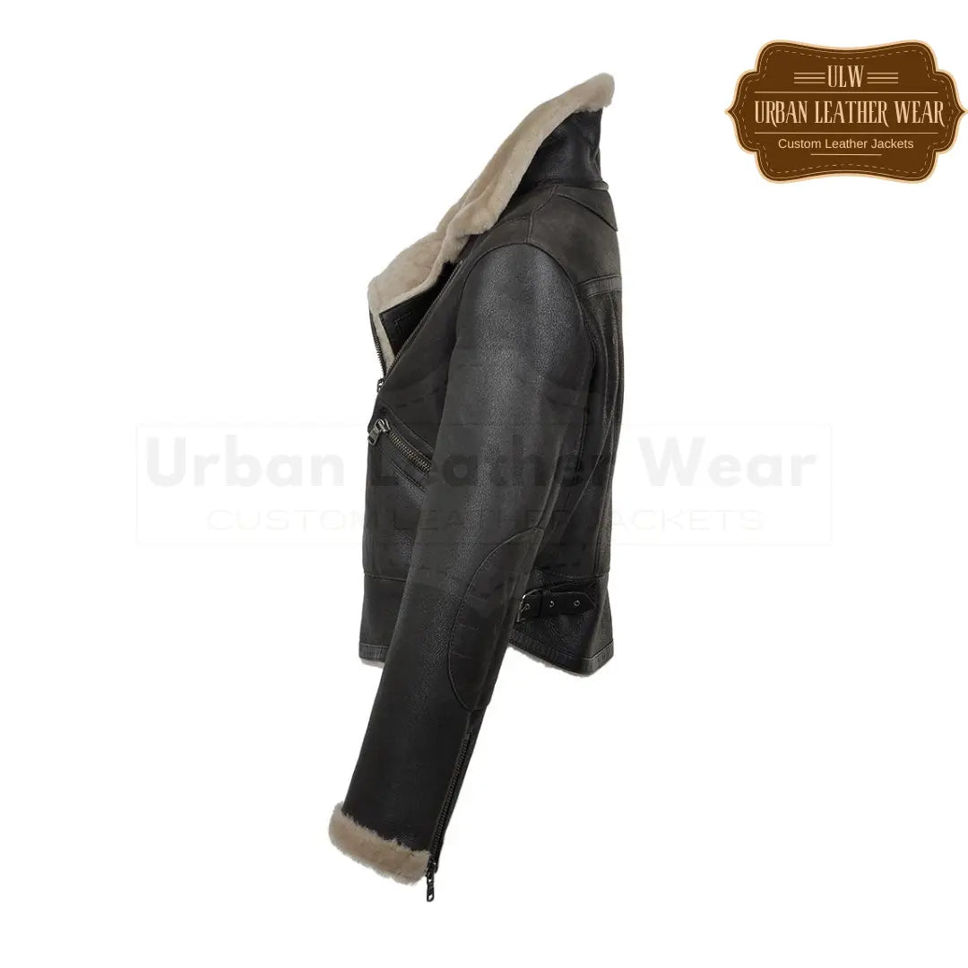 Shop our Women Black Shearling Leather Fur Moto Biker Jacket.