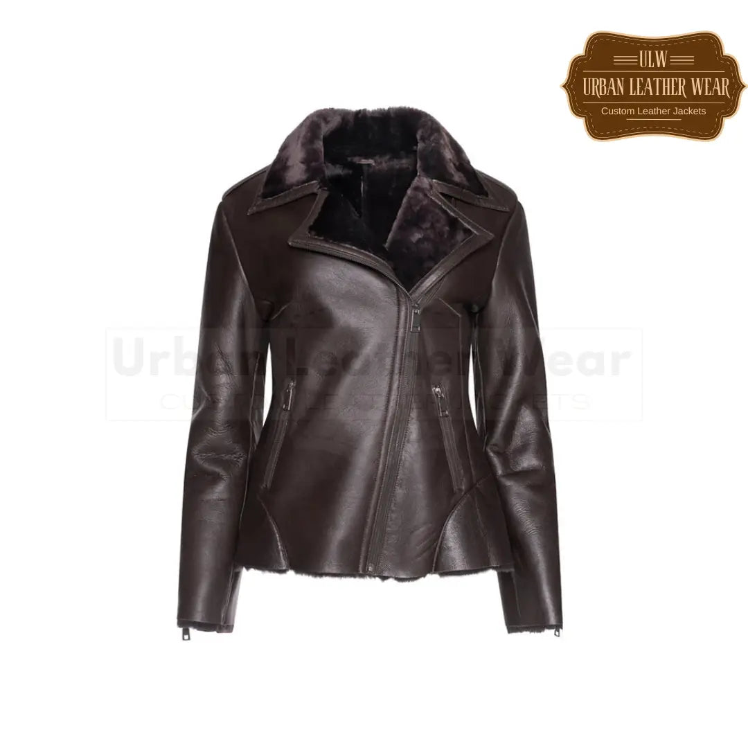 Shop our Women Brown Shearling Straight Moto Jacket.