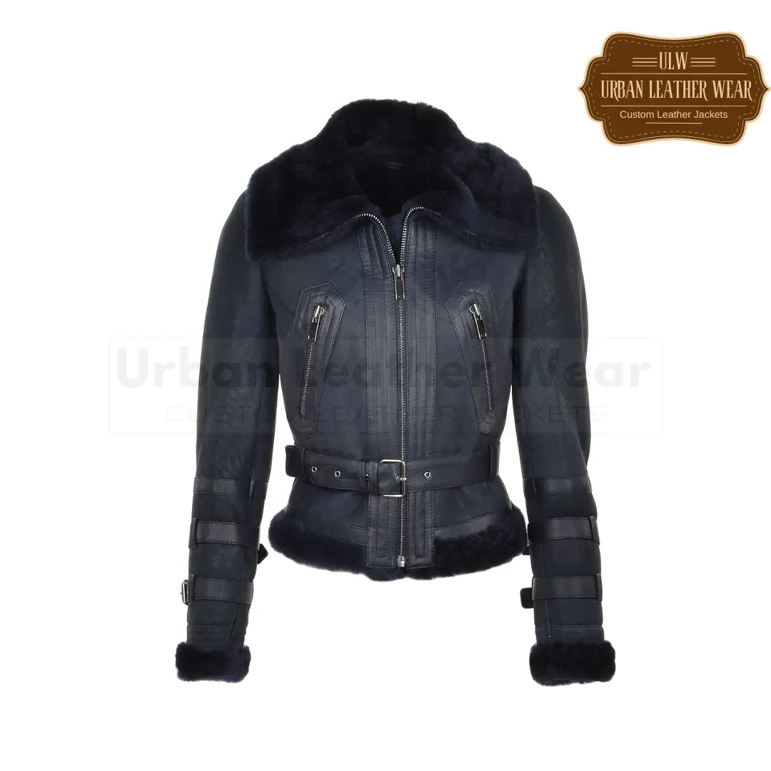 Buy our Women Fitted Aviator Flying Shearling Jacket in navy.