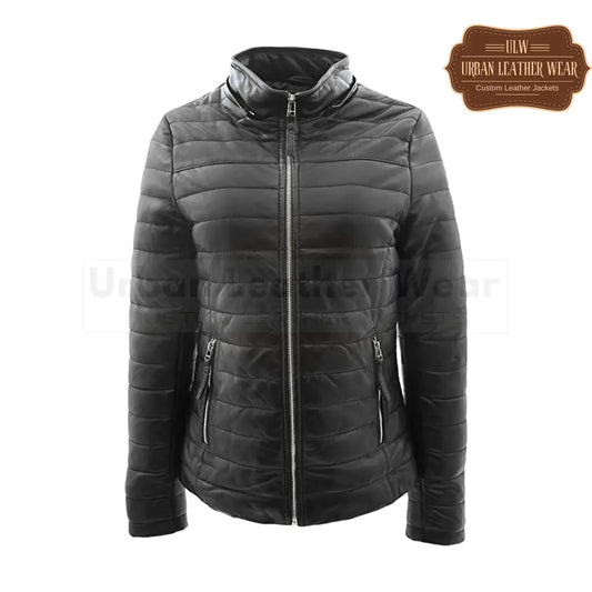 Women Real Leather Puffer Jacket Quilted Removable Hood (Black)