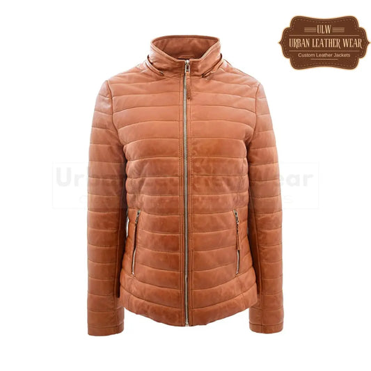 Women Real Leather Puffer Jacket Quilted Removable Hood (brown)