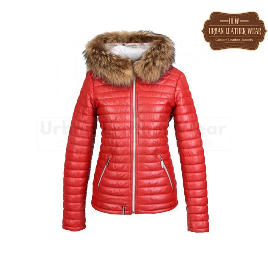 Women Real fur hooded genuine leather jacket (Red)