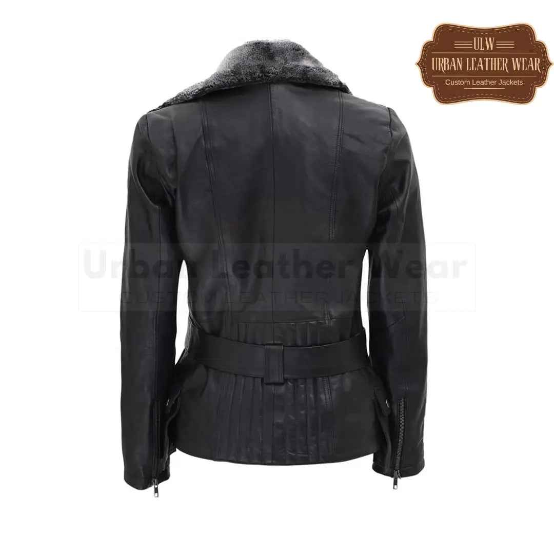 women's shearling belted asymmetrical leather jacket in black