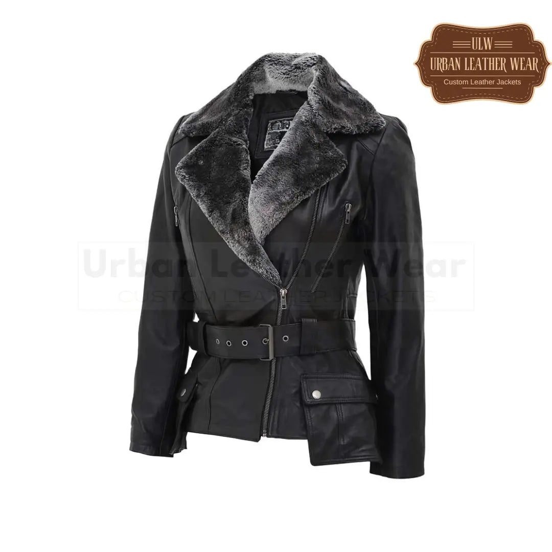 women's shearling belted asymmetrical leather jacket in black