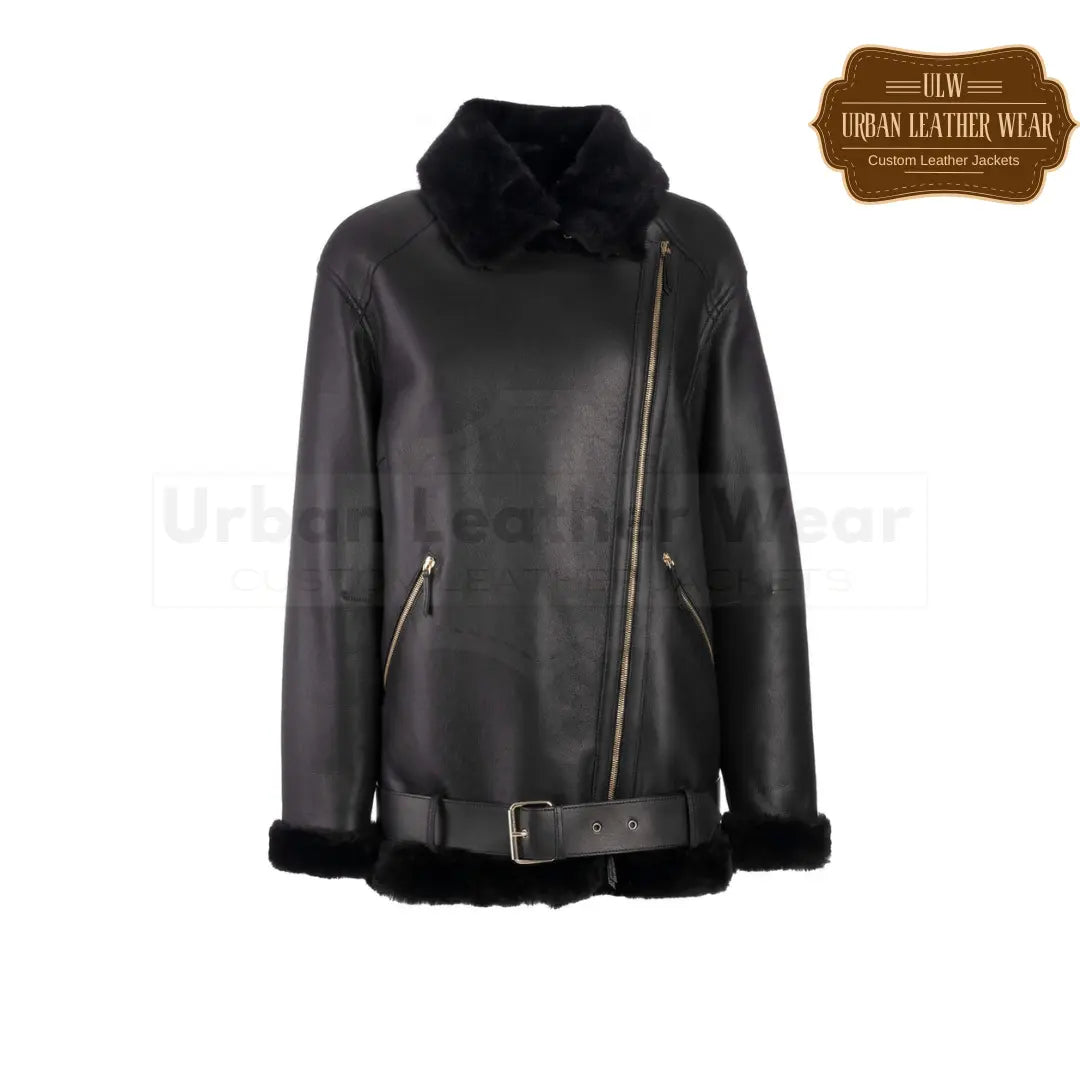 Shop our Women Shearling Bomber Jacket in black.
