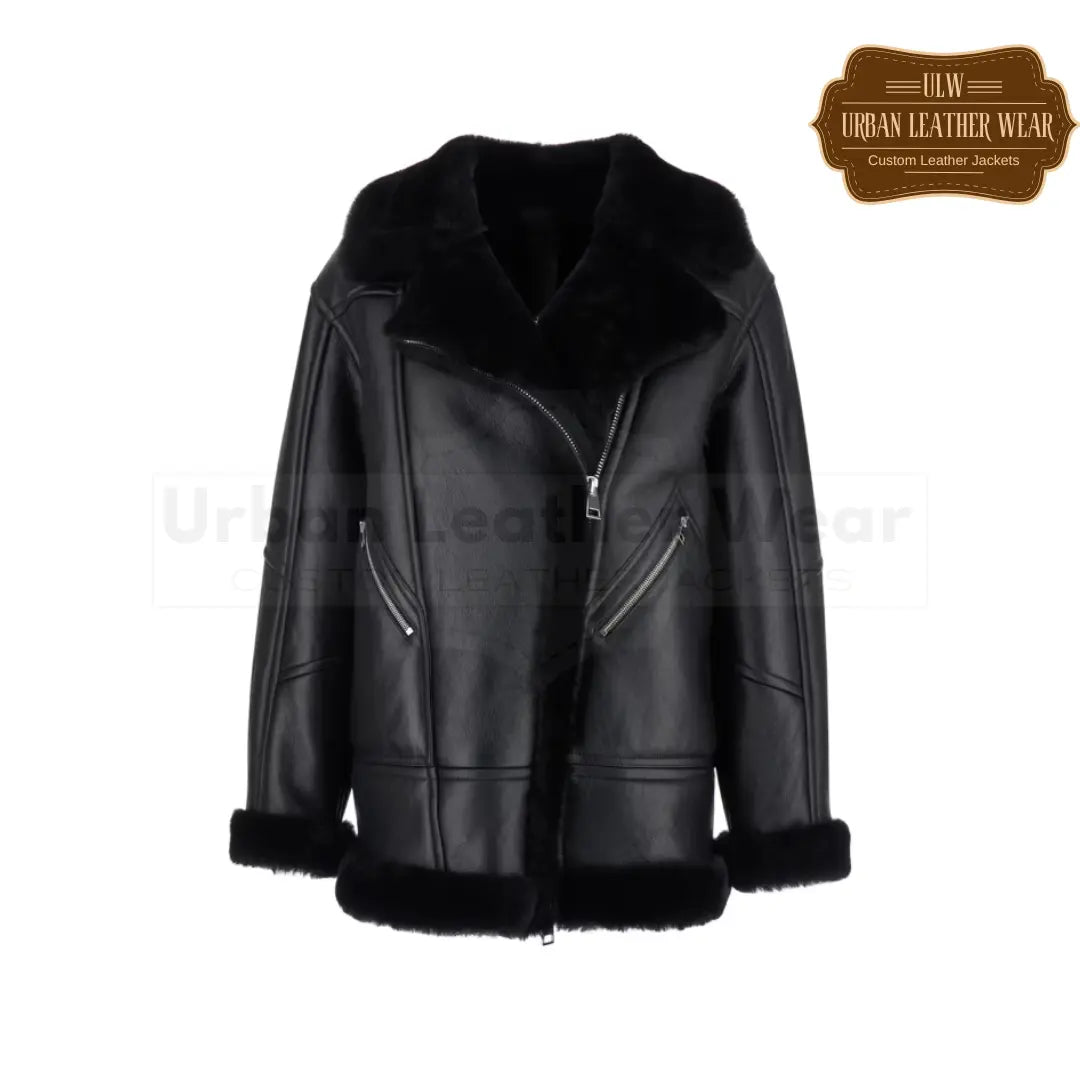 Shop Women Shearling Trim Leather Jacket Front Zip.