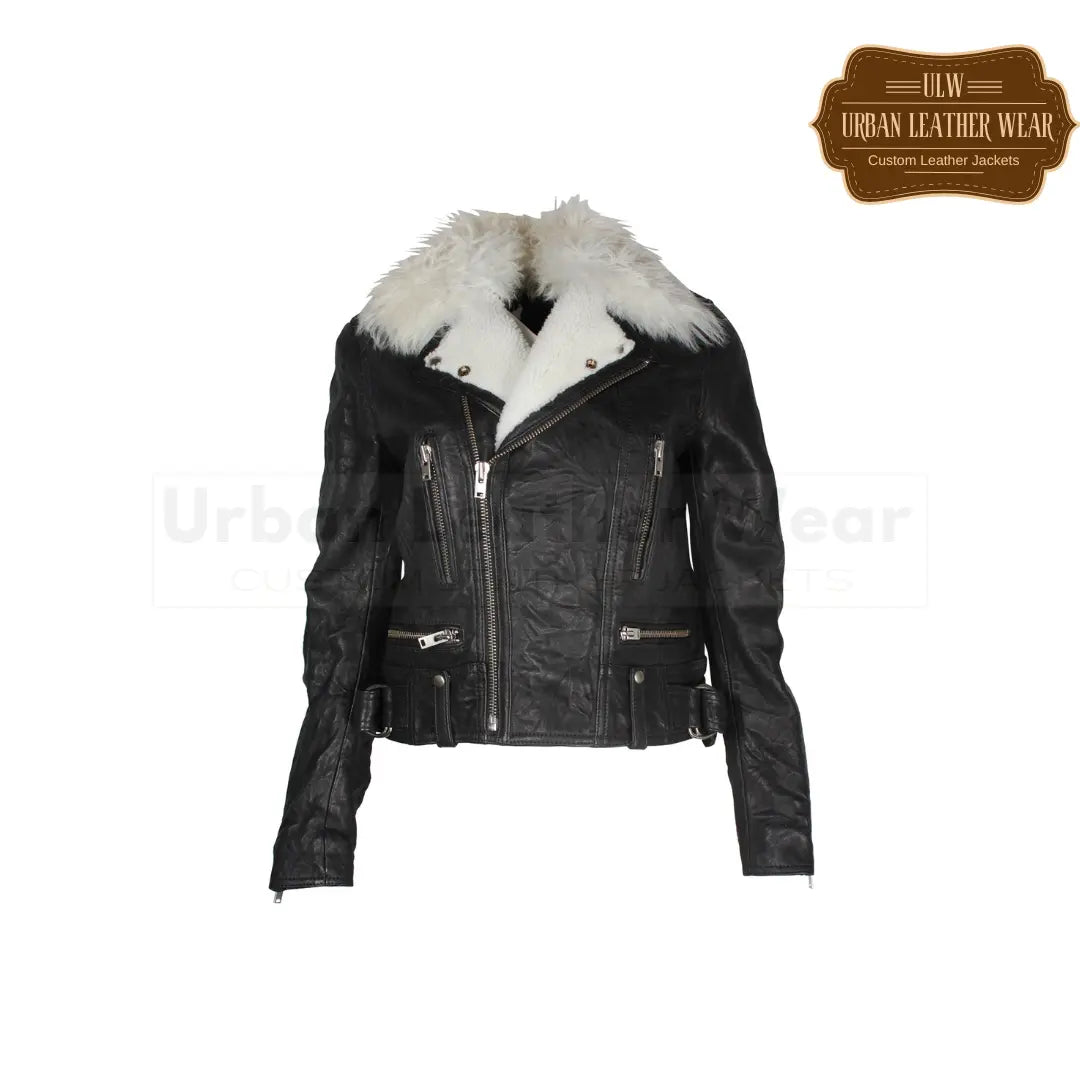 Shop our Women Shearling Trimmed Textured Leather Biker Jacket. Made with premium leather
