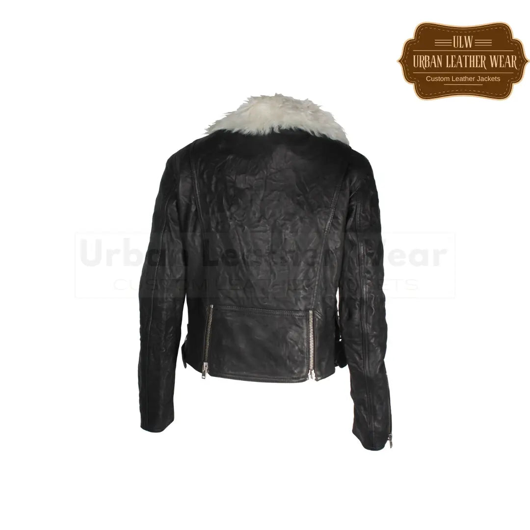 Shop our Women Shearling Trimmed Textured Leather Biker Jacket. Made with premium leather