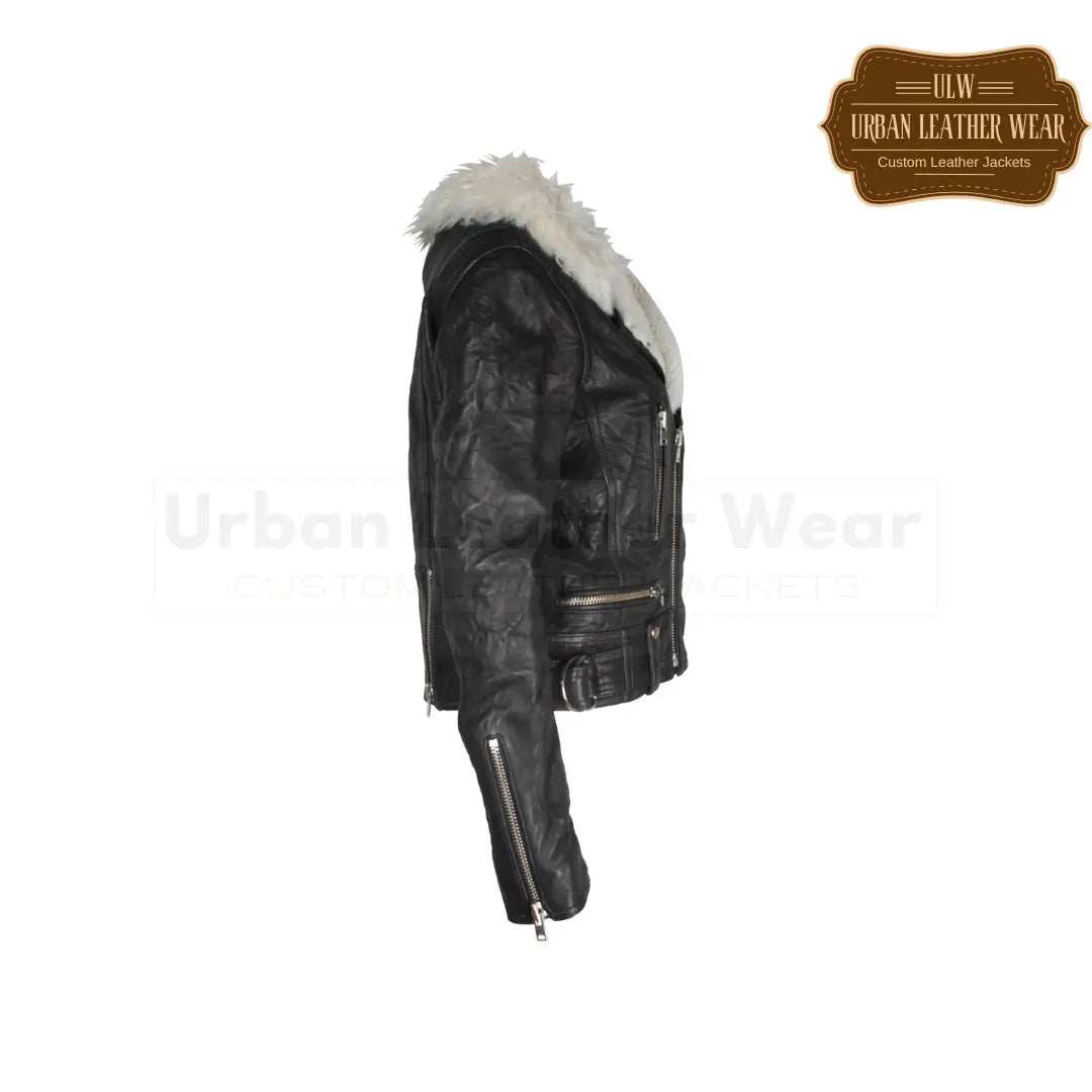 Shop our Women Shearling Trimmed Textured Leather Biker Jacket. Made with premium leather