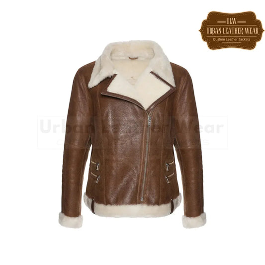 Shop our Women White Fur Merino Shearling Brown Leather Jacket.