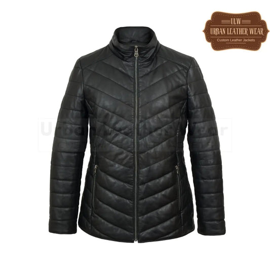 Women black leather padded coat with hood