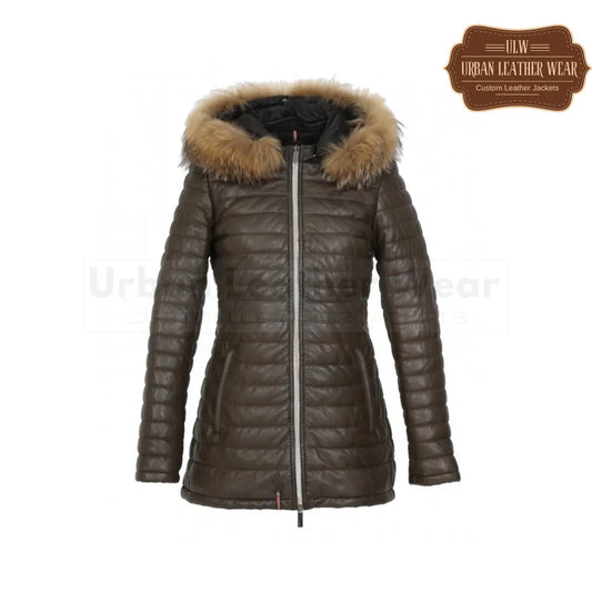 Women genuine leather long down jacket (Brown)