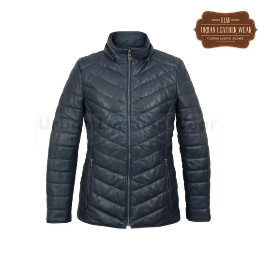 Women navy leather padded coat with hood