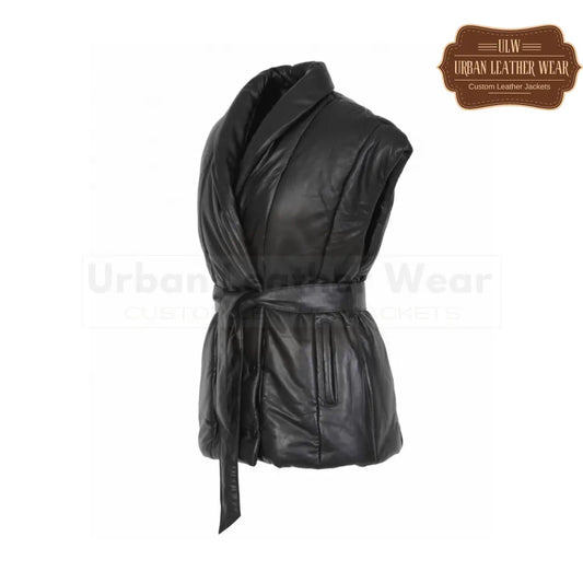 Women short genuine leather sleeveless down jacket