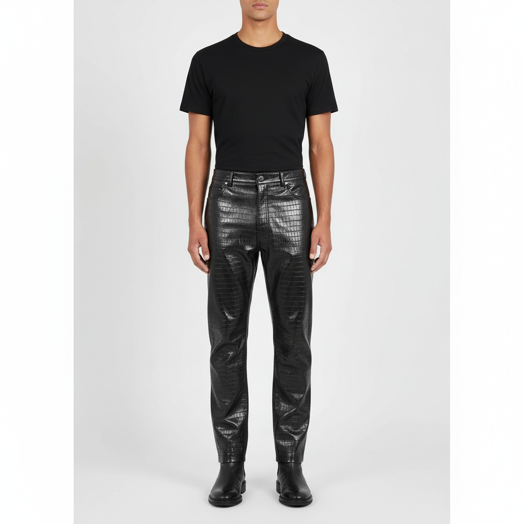 Person wearing Crocodile Pant Black Leather Embossed Print and a black t-shirt on a white background