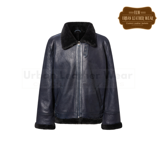 Blue Leather Shearling jacket with fur collar URBAN LEATHER WEAR LTD