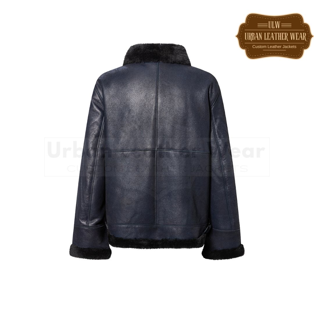 Blue Leather Shearling jacket with fur collar URBAN LEATHER WEAR LTD