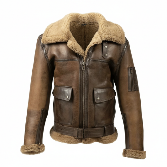 Front side of Hollywood superstar Arnold Schwarzenegger with this stunning RAF B6 Shearling Leather Bomber Flying Jacket