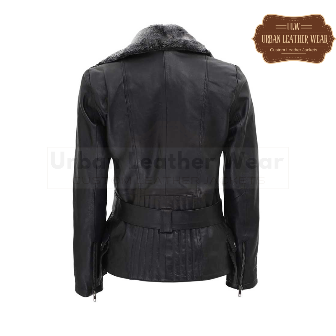 women's shearling belted asymmetrical leather jacket in black 