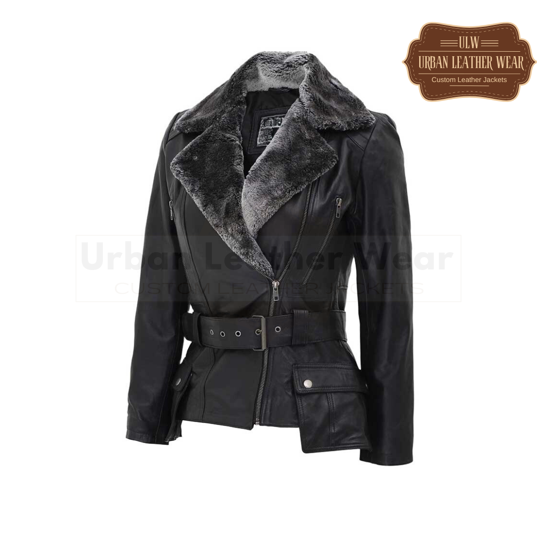 women's shearling belted asymmetrical leather jacket in black 