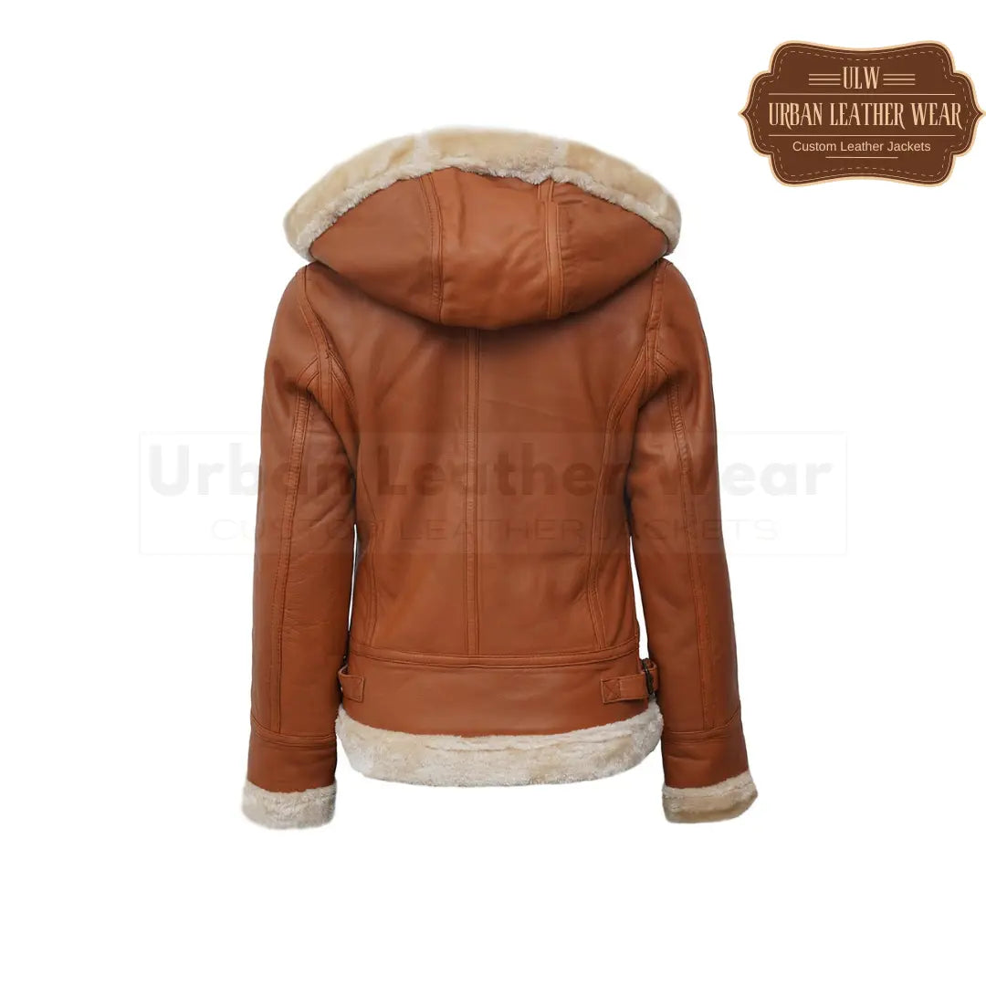 B3 Hooded Bomber Tan Shearling Leather Jacket for Women