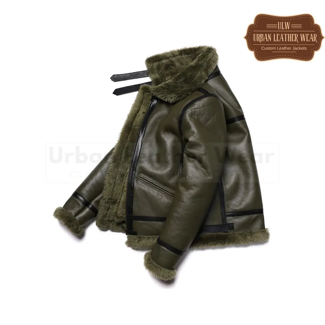 Olive Green Thick B3 RAF Bomber  Shearling Wool Leather Jacket 