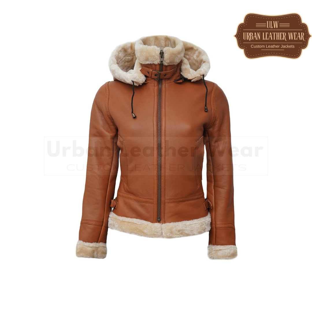 B3 Hooded Bomber Tan Shearling Leather Jacket for Women