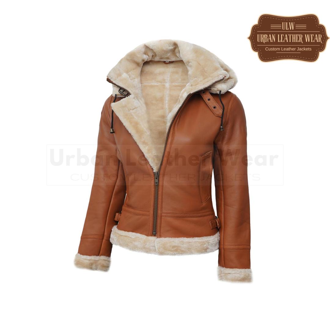 B3 Hooded Bomber Tan Shearling Leather Jacket for Women