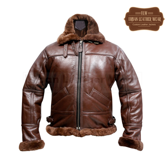 Men B3 Real Shearling Leather Bomber Jacket Brown

