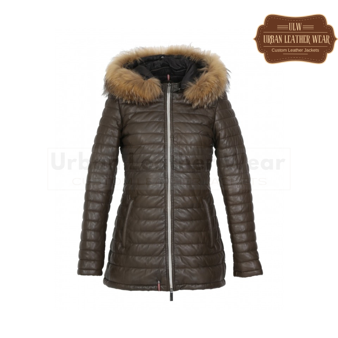 Women's Genuine Leather Long Down Jacket (Brown)
