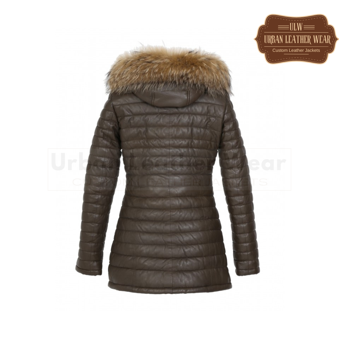 Women's Genuine Leather Long Down Jacket (Brown)
