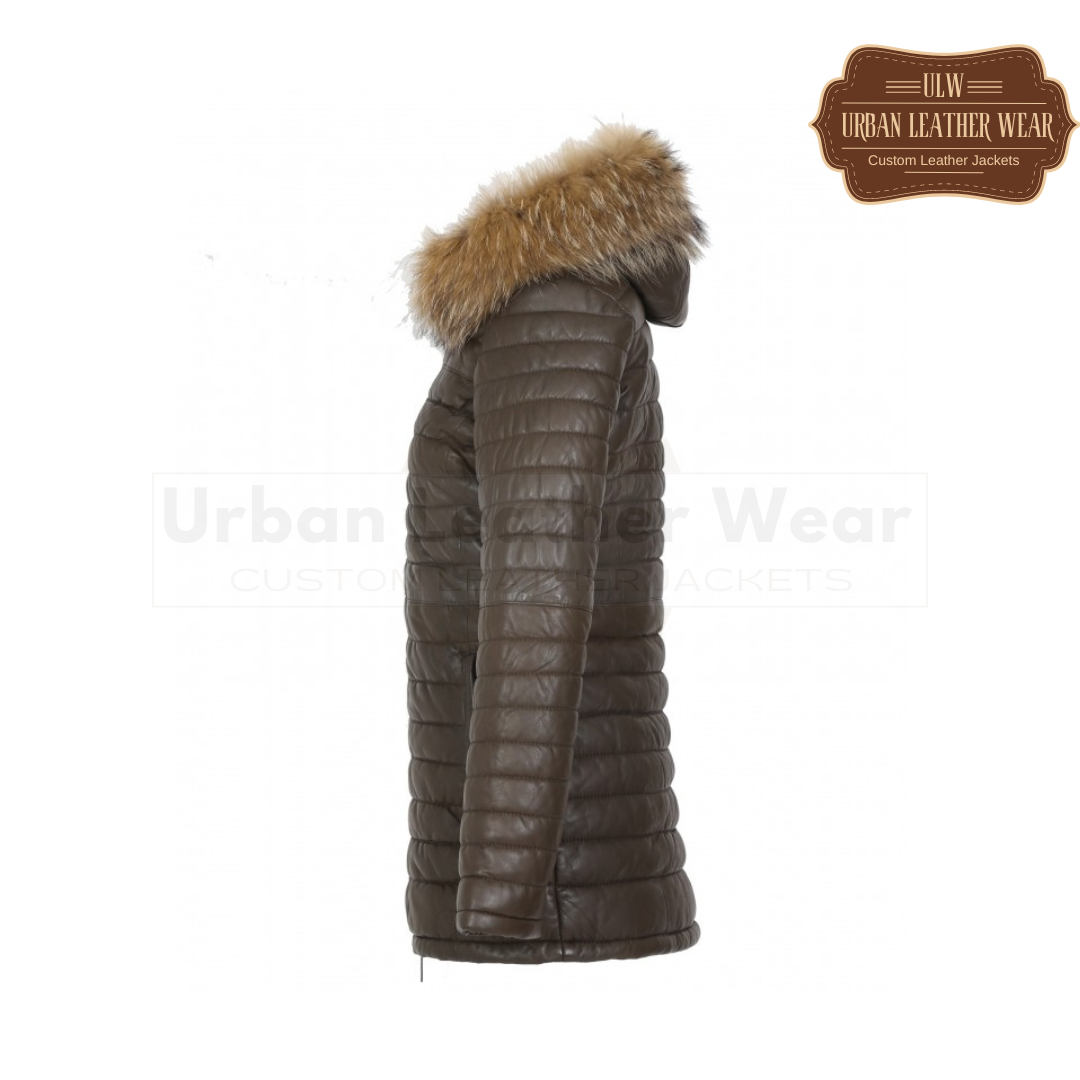 Women's Genuine Leather Long Down Jacket (Brown)
