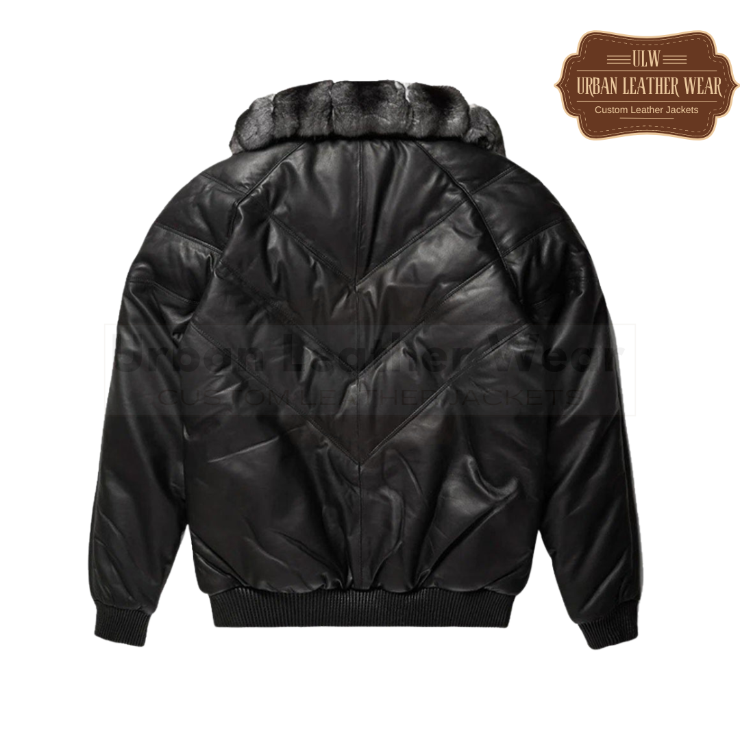 Men Leather Chinchilla Collar V Bomber Jacket (Black)