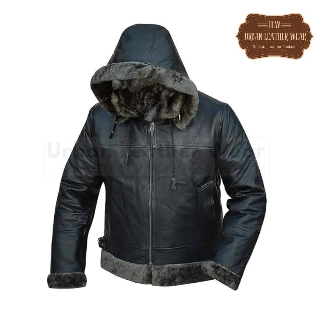 Bomber Aviator Fur Shearling Leather Jacket With Removable Hoodie
