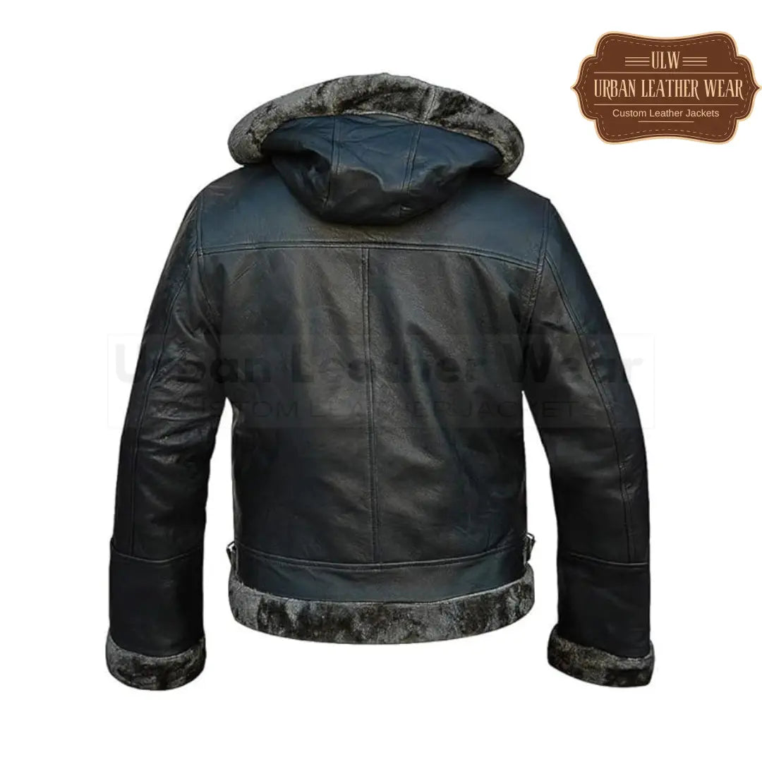 Bomber Aviator Fur Shearling Leather Jacket With Removable Hoodie
