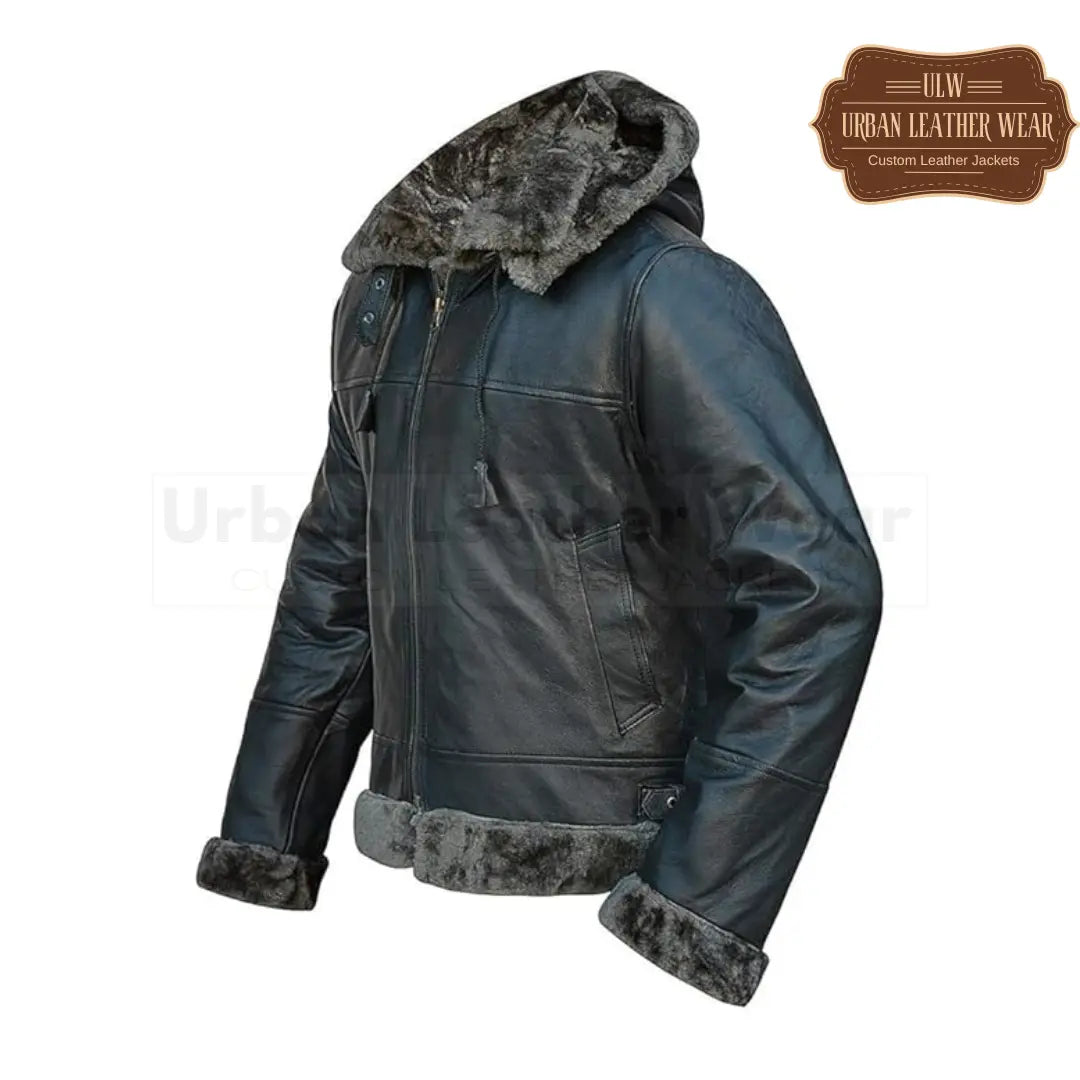 Bomber Aviator Fur Shearling Leather Jacket With Removable Hoodie
