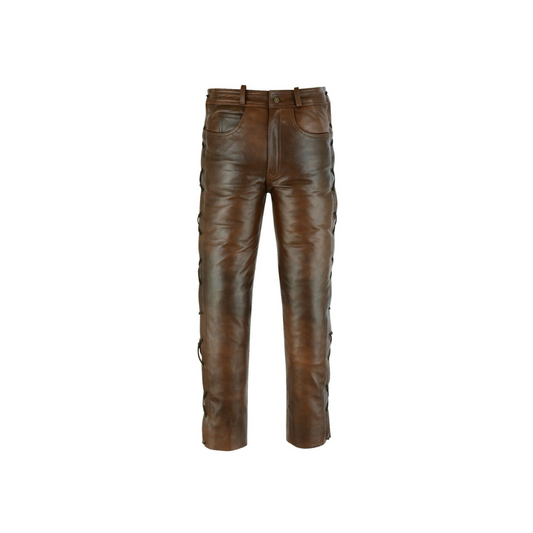 Brown Leather Pants Trousers With Side Laces URBAN LEATHER WEAR LTD