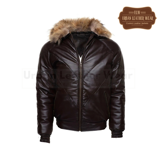 Men V-Bomber Puffer Leather Jacket in luxurious brown leather