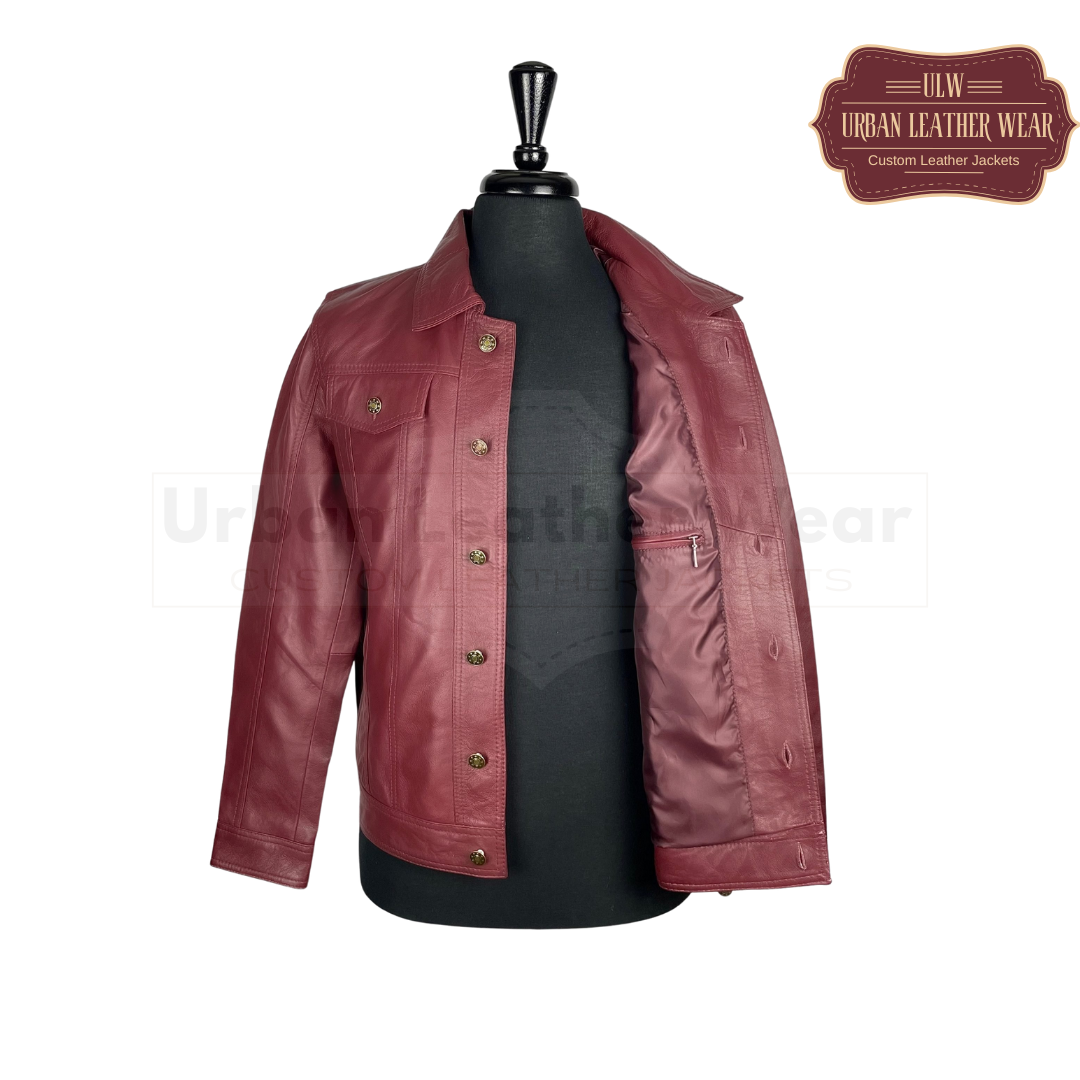 Shop our Men Denim Burgundy Leather Trucker Jacket. Made with high-quality denim and genuine leather,