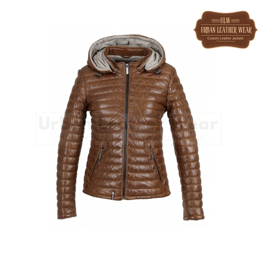 Two-Tone Genuine Leather Hooded Down Jacket (Coffee color)